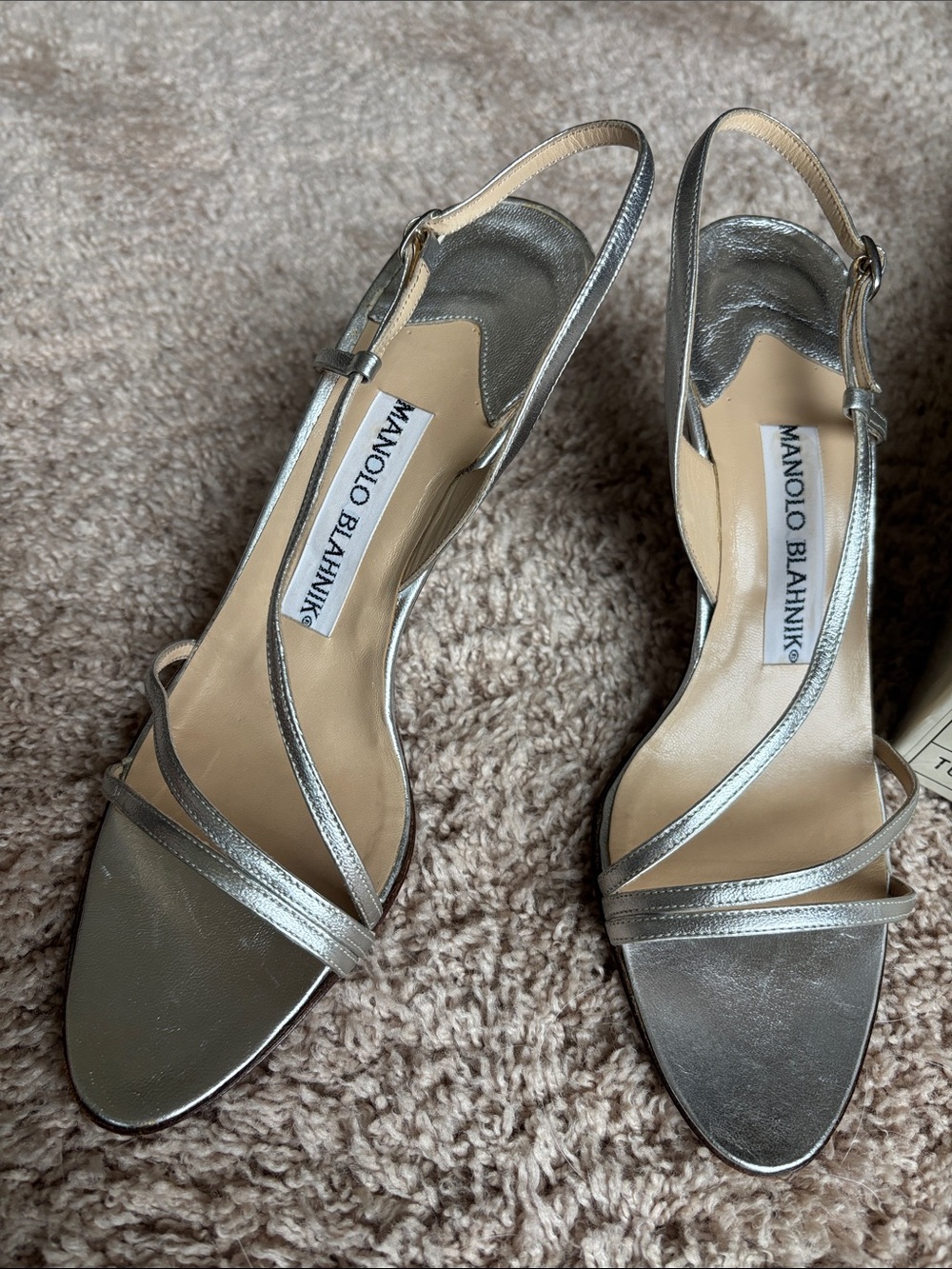 Manolo Blahnik Metallic Silver Leather Slingback Heels